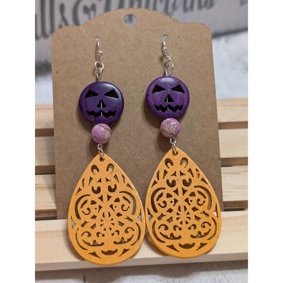 Purple Jack-O'-Lantern and Yellow Wood Filigree Earrings: - Picture 1 of 5